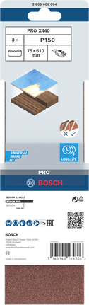 Nastro abrasivo Bosch PRO X440 75×610 mm P150 3 pezzi.