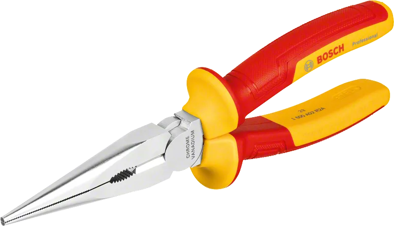 Pinza a becchi lunghi Bosch VDE con manici isolati.