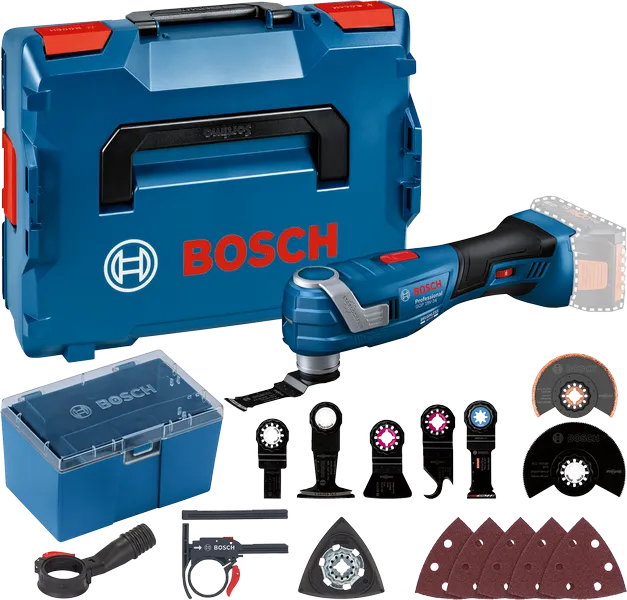 Kit multiutensile Bosch GOP 18V-34 con accessori e custodia.
