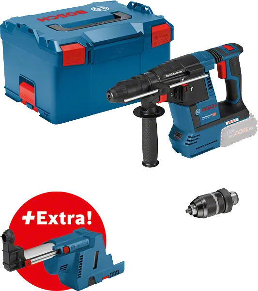 Set martello perforatore Bosch GBH 18V-26 F con aspirazione della polvere.
