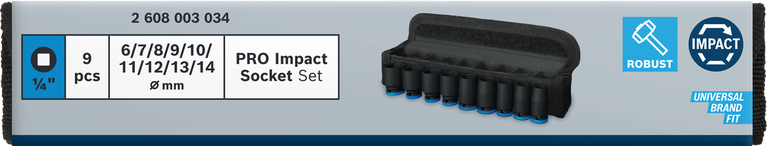 Set di bussole a impatto Bosch PRO da 1/4″, 9 pezzi.