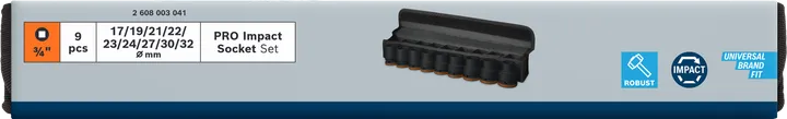 Set di bussole a impatto Bosch PRO da 3/4″, 9 pezzi.