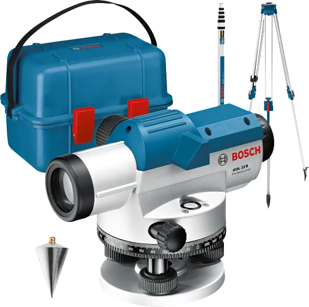 Livella ottica Bosch GOL 32 D con treppiede e stadia.