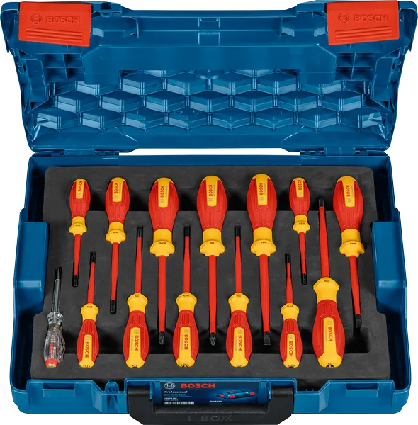 Set di cacciaviti Bosch VDE in custodia blu aperta.