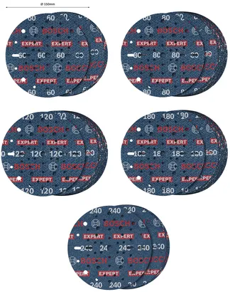 Set di dischi abrasivi in lamina Bosch EXPERT O780, 150 mm, grane miste.