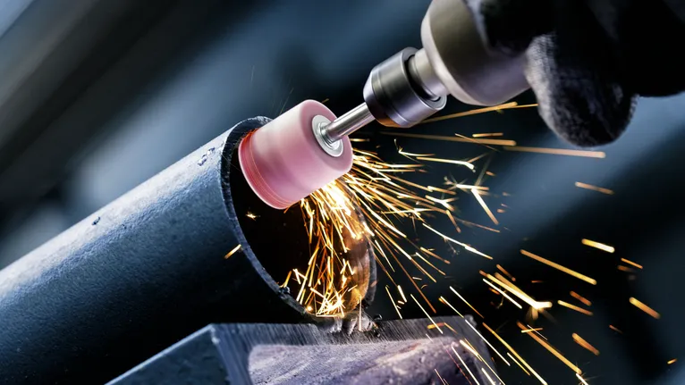 Una persona che indossa un equipaggiamento di sicurezza macina un tubo di metallo, creando scintille luminose.