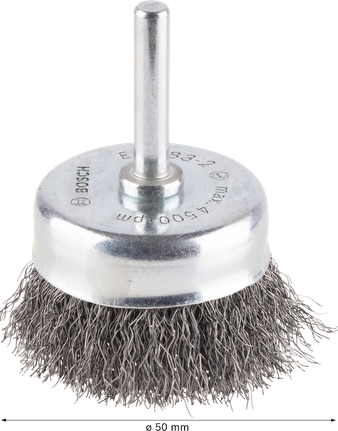 Spazzola a tazza Bosch PRO Metal clean da 50 mm con gambo dritto.