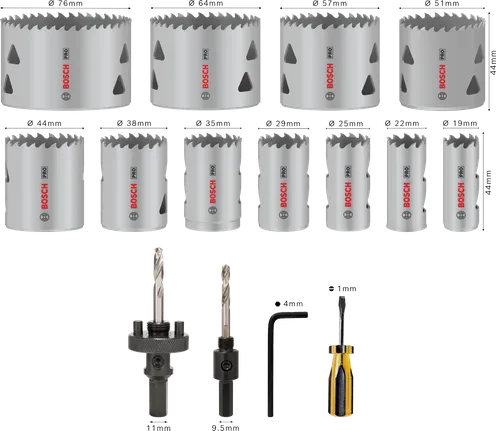 Set di seghe a tazza multimateriale Bosch PRO da 17 pezzi con misure 19-76 mm.
