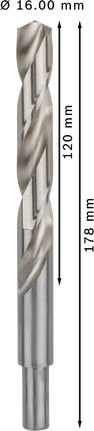 Punta elicoidale Bosch PRO Metal HSS-G da 16 mm, lunghezza utile 120 mm.