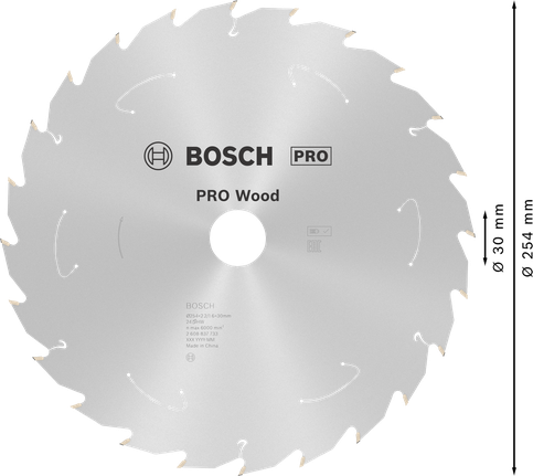 Lama per sega circolare a batteria Bosch PRO Wood, 254 mm, 24 denti.