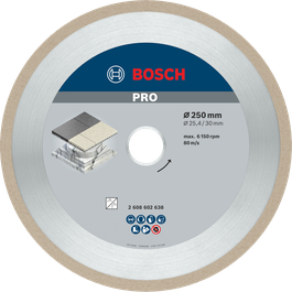 Disco diamantato ceramico Bosch PRO, 250 mm per il taglio di piastrelle.