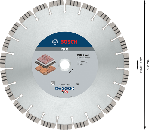 Disco diamantato Bosch PRO Stone, 350 mm per il taglio della pietra.