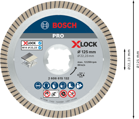 Disco diamantato Bosch PRO Ceramic X-Lock da 125 mm per il taglio di piastrelle.