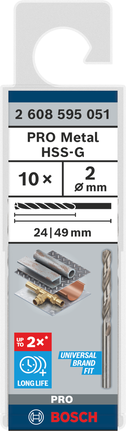Confezione di punte elicoidali Bosch PRO Metal HSS-G da 2 mm.