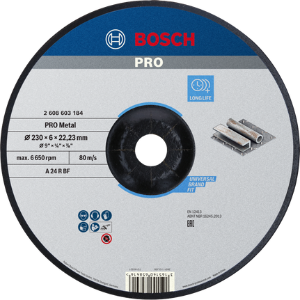 Disco abrasivo con legante metallico Bosch PRO 230 x 6 mm.