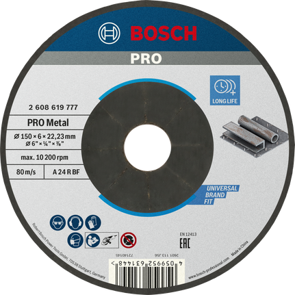 Disco abrasivo con legante metallico Bosch PRO da 150 mm, lunga durata.