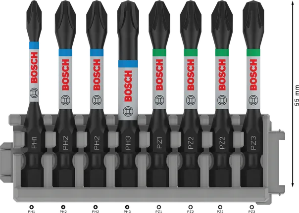 Set di punte per avvitatore a impulsi Bosch PRO, 8 pezzi, 55 mm.