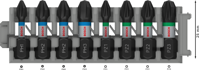 Set di punte per avvitatore a impulsi Bosch PRO, 8 pezzi, 25 mm.