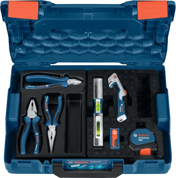 Set di utensili manuali e pinze Bosch da 16 pezzi in custodia blu.