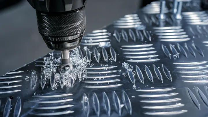 Un trapano che pratica un foro in una lamiera di metallo testurizzata.