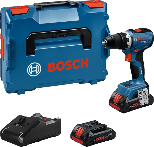 Set trapano avvitatore a batteria Bosch GSR 18V-65 con valigetta e batterie.