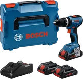 Set trapano avvitatore a batteria Bosch GSB 18V-65 con batterie e caricabatteria.