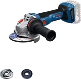Smerigliatrice angolare a batteria Bosch GWS 18V-11 con accessori.