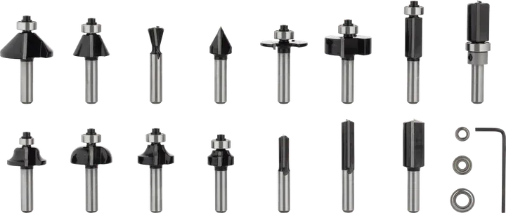 Set misto di punte per fresatrici Bosch PRO, gambo da 8 mm, 15 pezzi.