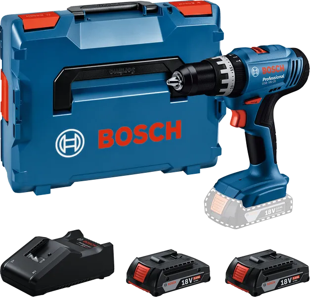 Set trapano avvitatore a batteria Bosch GSB 18V-25 con valigetta e batterie.