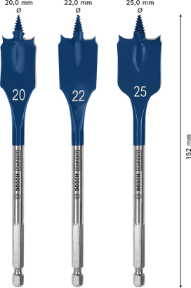 Set di punte da trapano a spatola Bosch EXPERT Self Cut Speed da 20, 22 e 25 mm.