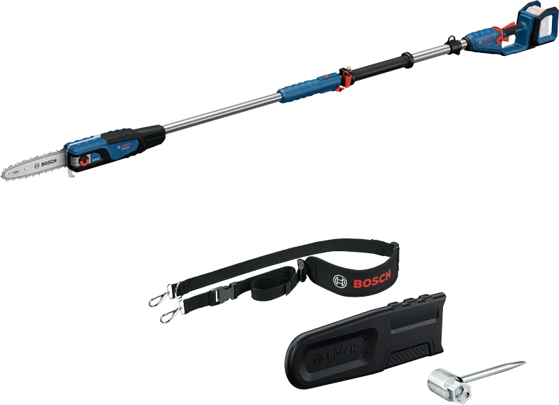 Motosega a pertica Bosch GKE 18V-25 con manico telescopico e accessori.