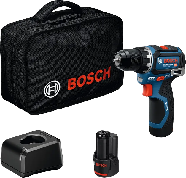Set trapano Bosch GSR 12V-32 con batteria e caricabatteria.
