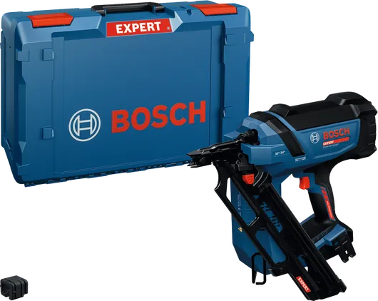 Chiodatrice pneumatica a batteria Bosch EXNH18V-90MD con custodia.