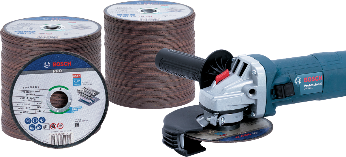 Smerigliatrice angolare Bosch GWS 750 Bundle da 125 mm con dischi da taglio.