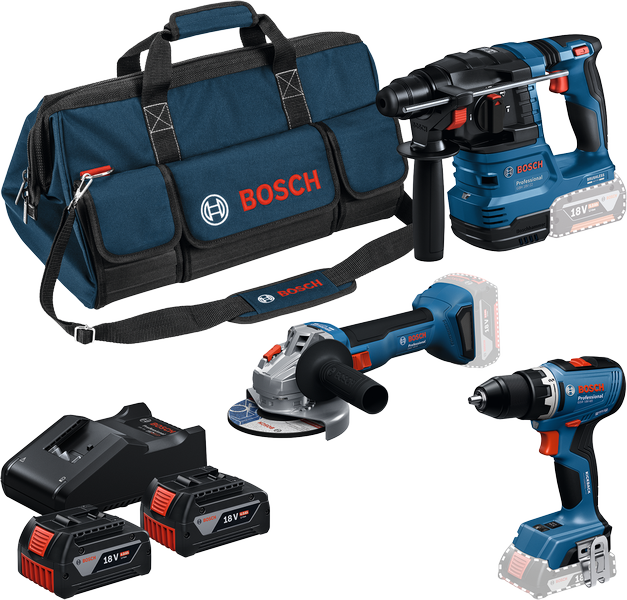 Kit di 3 utensili Bosch da 18 V con borsa, caricabatteria e batterie.
