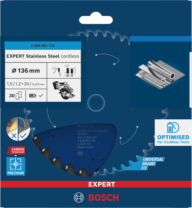 Lama per sega circolare a batteria in acciaio inox Bosch EXPERT 136×1,5/1,2×20 mm T30.