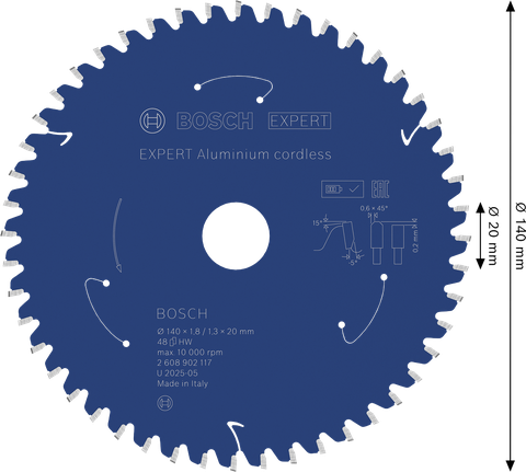 Lama per sega circolare a batteria Bosch EXPERT in alluminio, 48 denti.