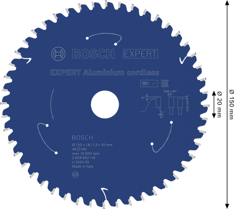 Lama per sega circolare a batteria Bosch EXPERT in alluminio, 48 denti.