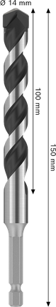 Punta da trapano Bosch PRO HEX-5 da 14 mm, lunghezza utile 100 mm.