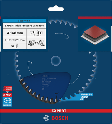 Lama per sega circolare Bosch EXPERT High Pressure Laminate 168×1,8/1,2×20 mm T52.