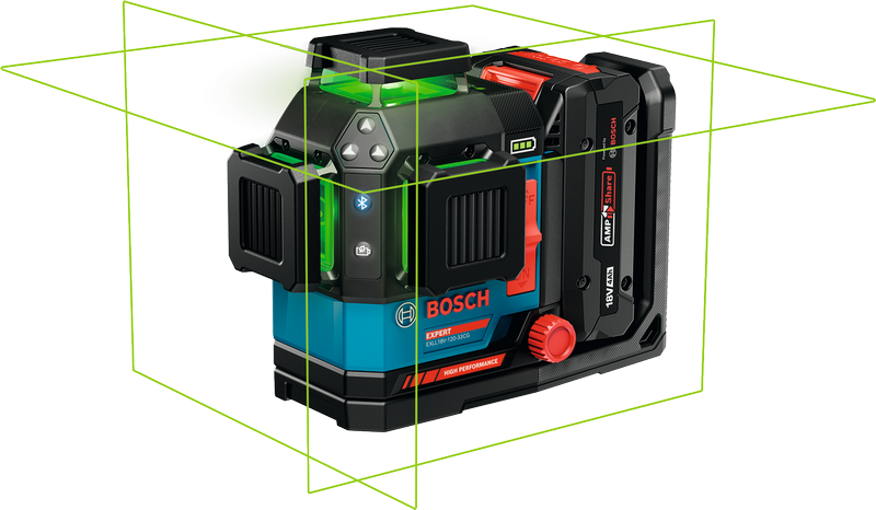 Livella laser Bosch EXLL18V-120-33CG con linee verdi.