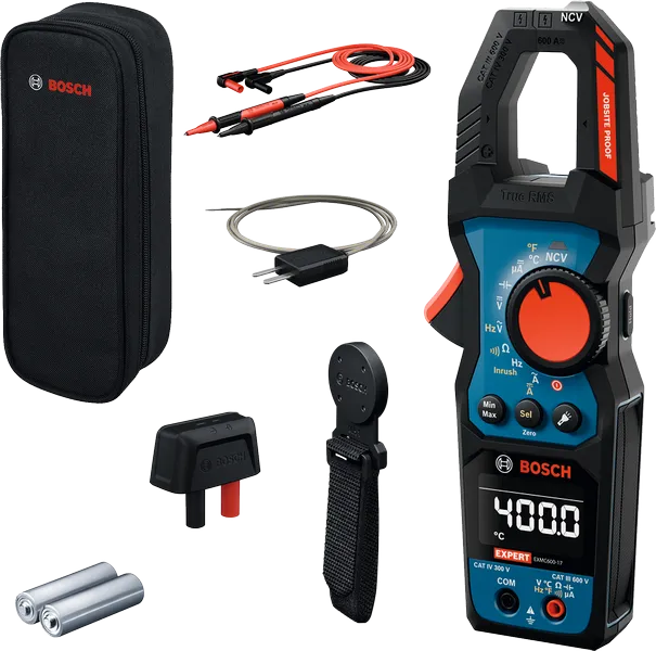 Set di pinze amperometriche Bosch EXMC600-17 con accessori.