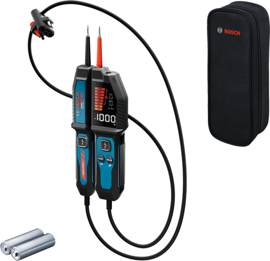 Tester di tensione Bosch EXVT 1000 con display e custodia.