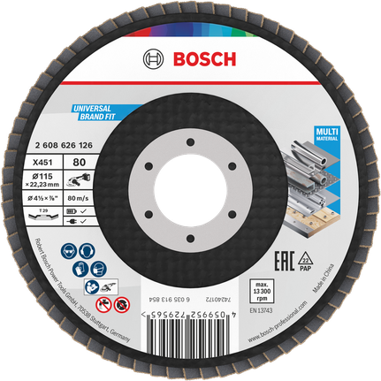 Disco lamellare Bosch X451 115mm G80 per levigatura multimateriale.