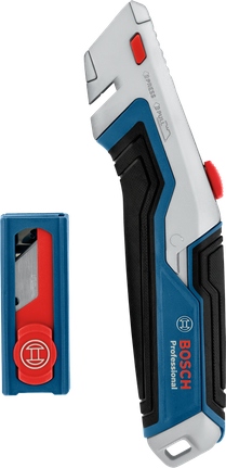 Taglierino e custodia per lama di ricambio con impugnatura ergonomica, entrambi in blu e rosso.