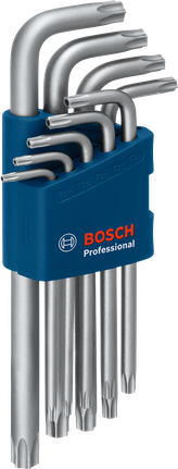 Set di 9 chiavi a brugola Torx Bosch in acciaio S2 con supporto.
