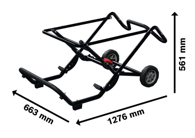 Supporto per sega Bosch GTA50W con ruote e dimensioni.