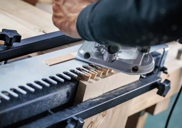 Una persona guida una fresatrice per tagliare giunzioni precise su una tavola di legno.
