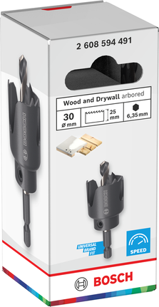 Sega a tazza Bosch da 30 mm con albero per legno e cartongesso.