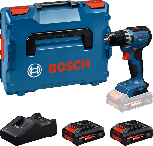 Trapano Bosch GSR18V-52 con valigetta, caricabatteria e due batterie.